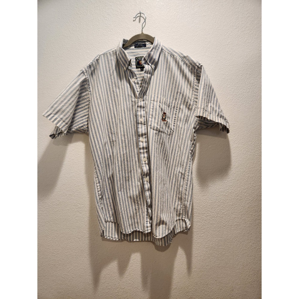 Chaps Ralph Lauren Men Large Blue White Striped Short Sleeve Crest Shirt Vintage